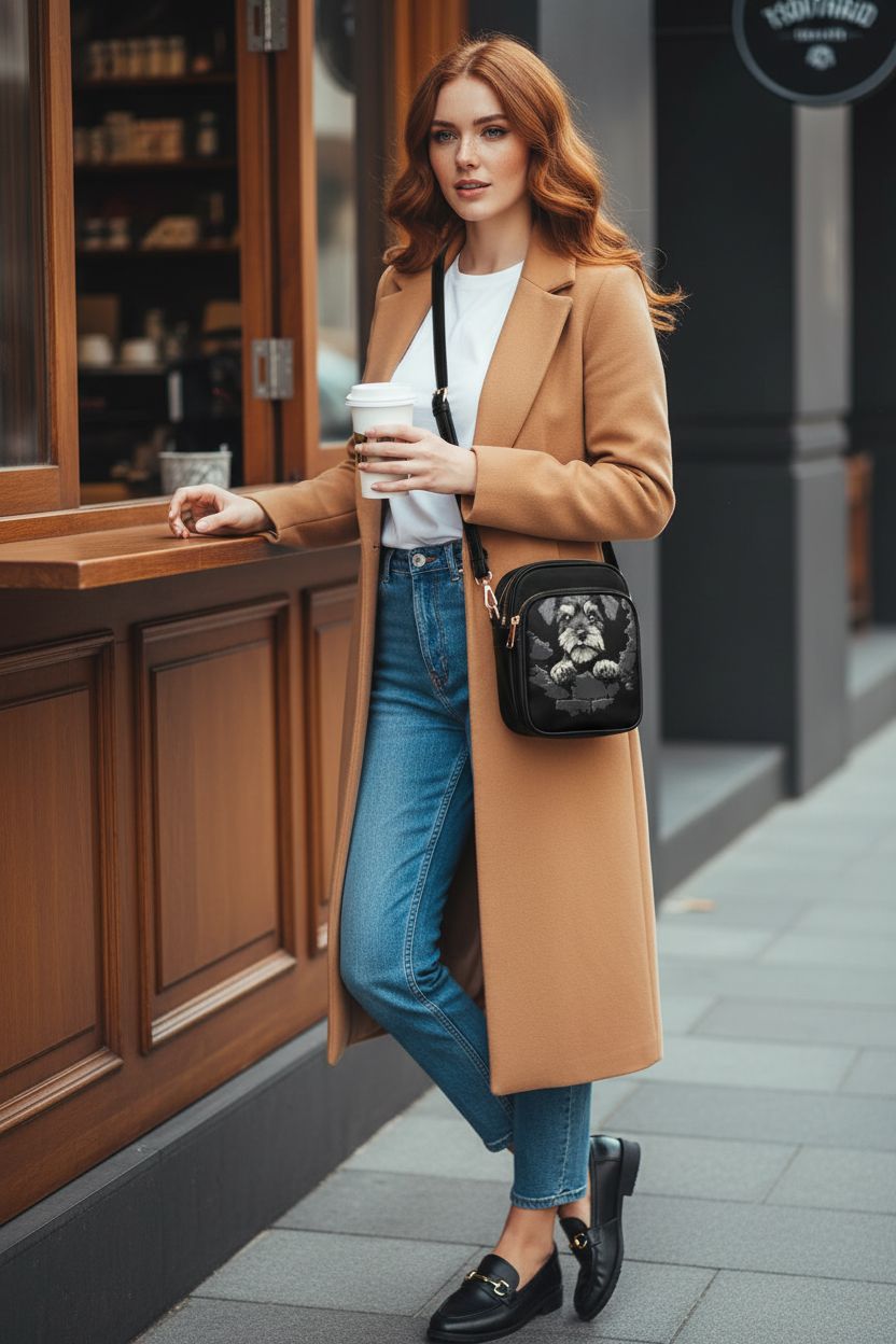 TSOVTHRID Schnauzer shoulder purse with pockets showcased at a café window.