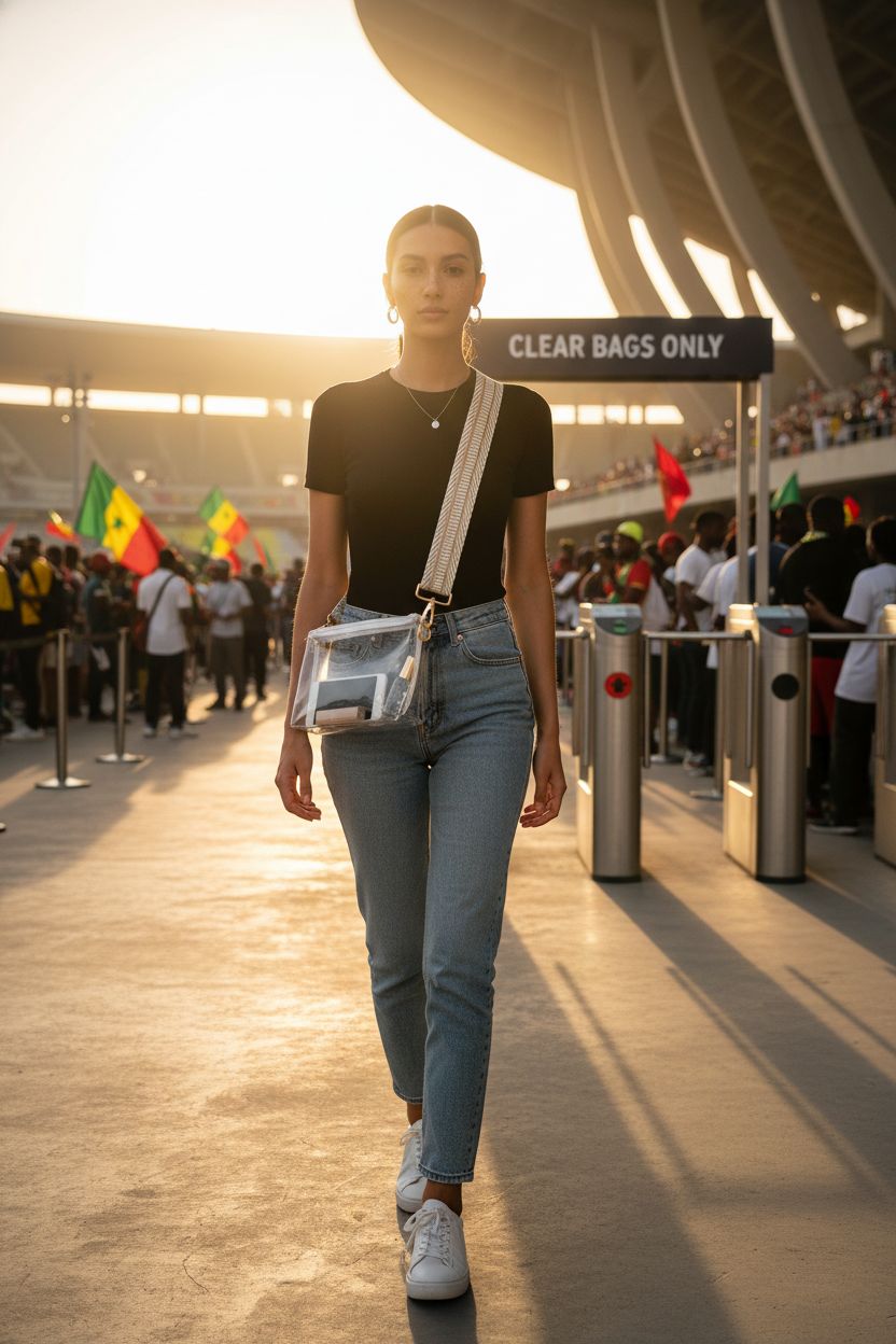BS-VOG clear purse showcasing its transparent design and gold strap at a stadium entrance.