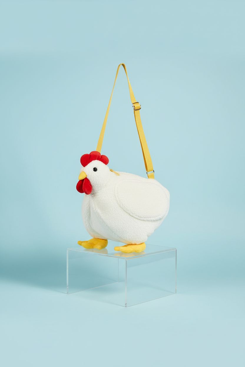 Saintrygo Chicken Hen Purse on acrylic riser, highlighting its unique shape and quality materials.