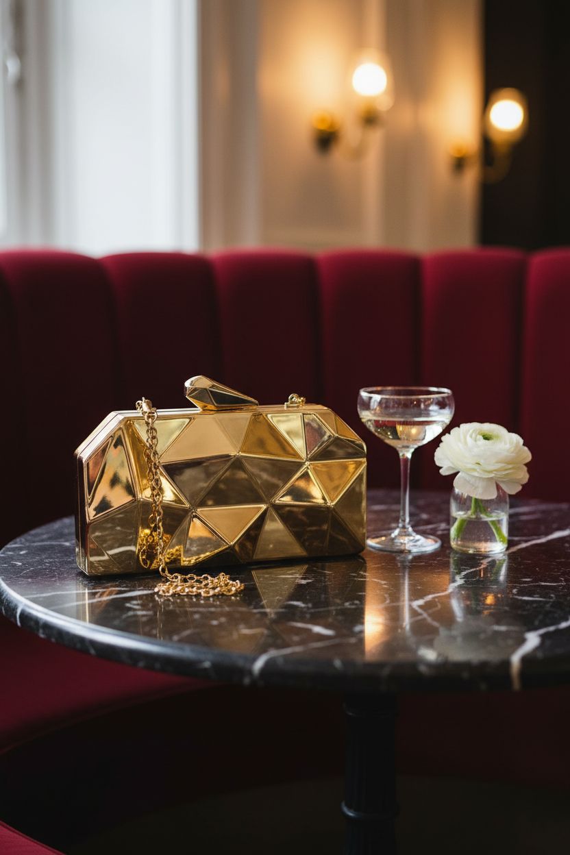 Reberomantic gold clutch purse displayed elegantly on a marble table in a cozy lounge setting.