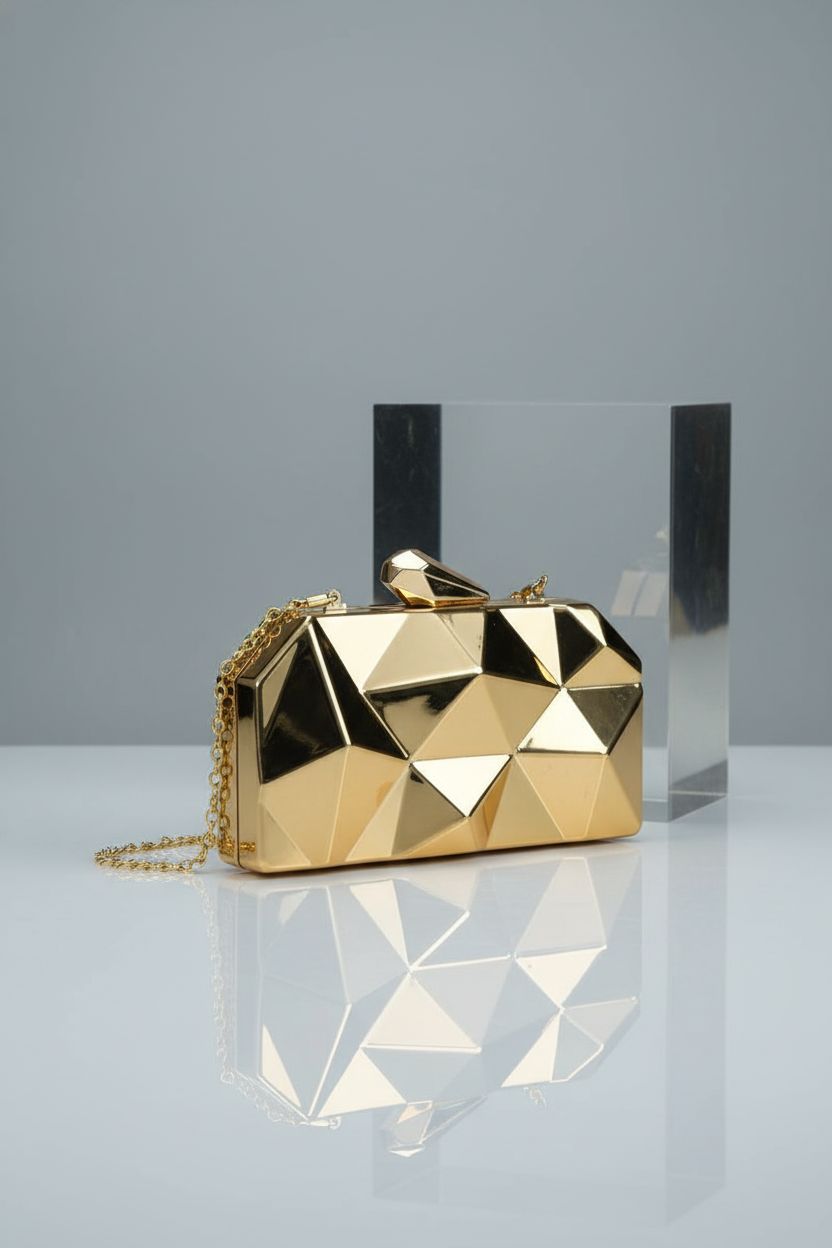 Reberomantic geometric gold clutch purse centered on a sleek gray background for product showcasing.