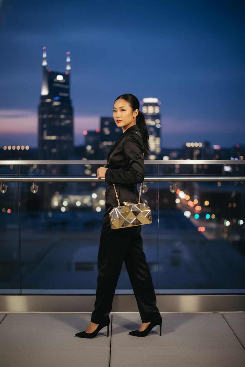 Gold Reberomantic lattice pattern clutch purse elegantly slung crossbody on a rooftop.