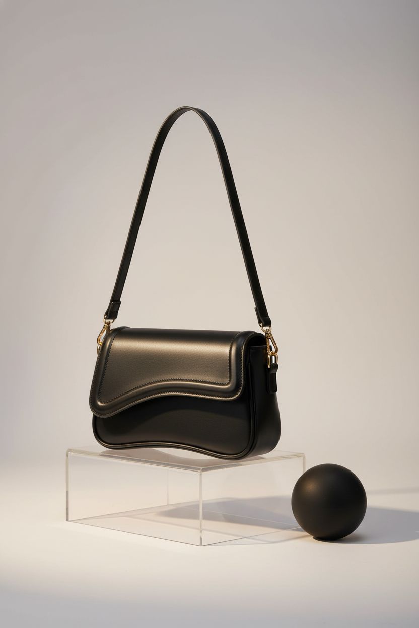 KKXIU black shoulder bag showcased on acrylic riser, emphasizing premium materials and elegant design.