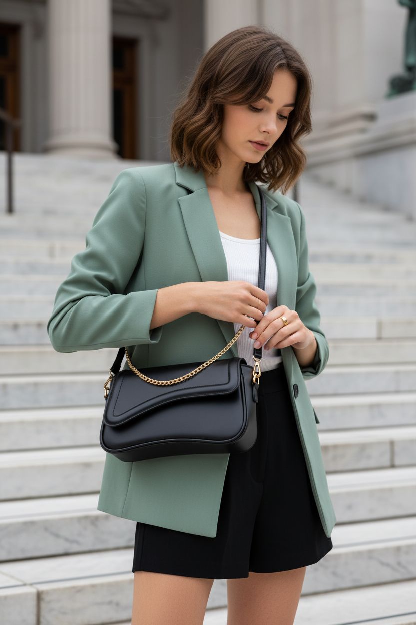 KKXIU shoulder bag with removable strap, featuring gold hardware and elegant flap design on museum steps.