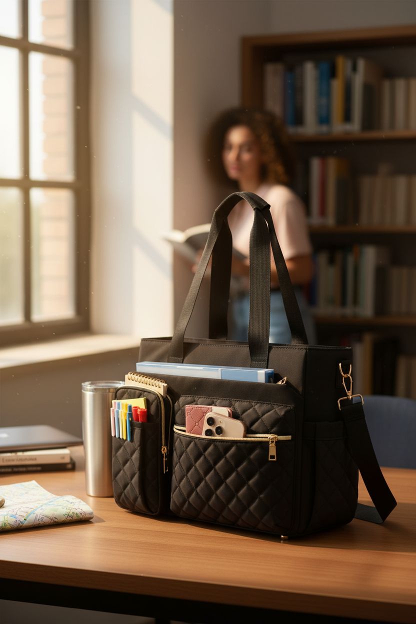 SDYSM Teacher Tote Bag on a wooden table, surrounded by study essentials.