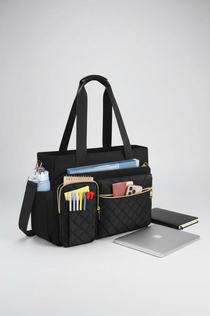 SDYSM Teacher Tote Bag with gold zippers and durable quilted material.