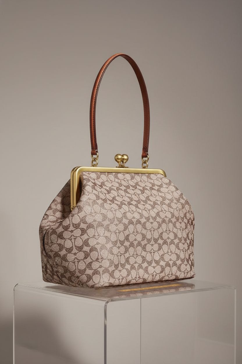 Coach Large Kisslock Frame Bag showcasing signature jacquard and brass hardware, highlighting exquisite craftsmanship.