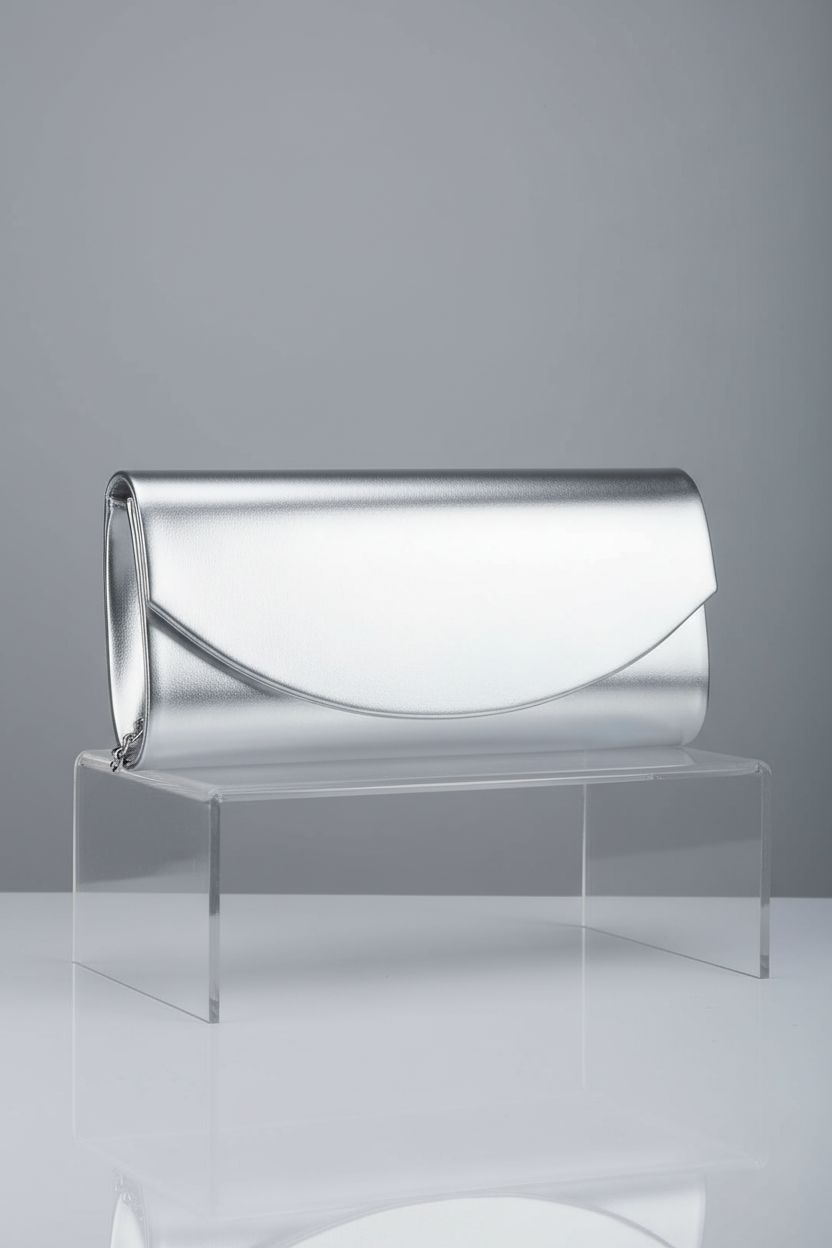 Larcenciel silver clutch purse in pristine display, showcasing its elegant patent leather design.