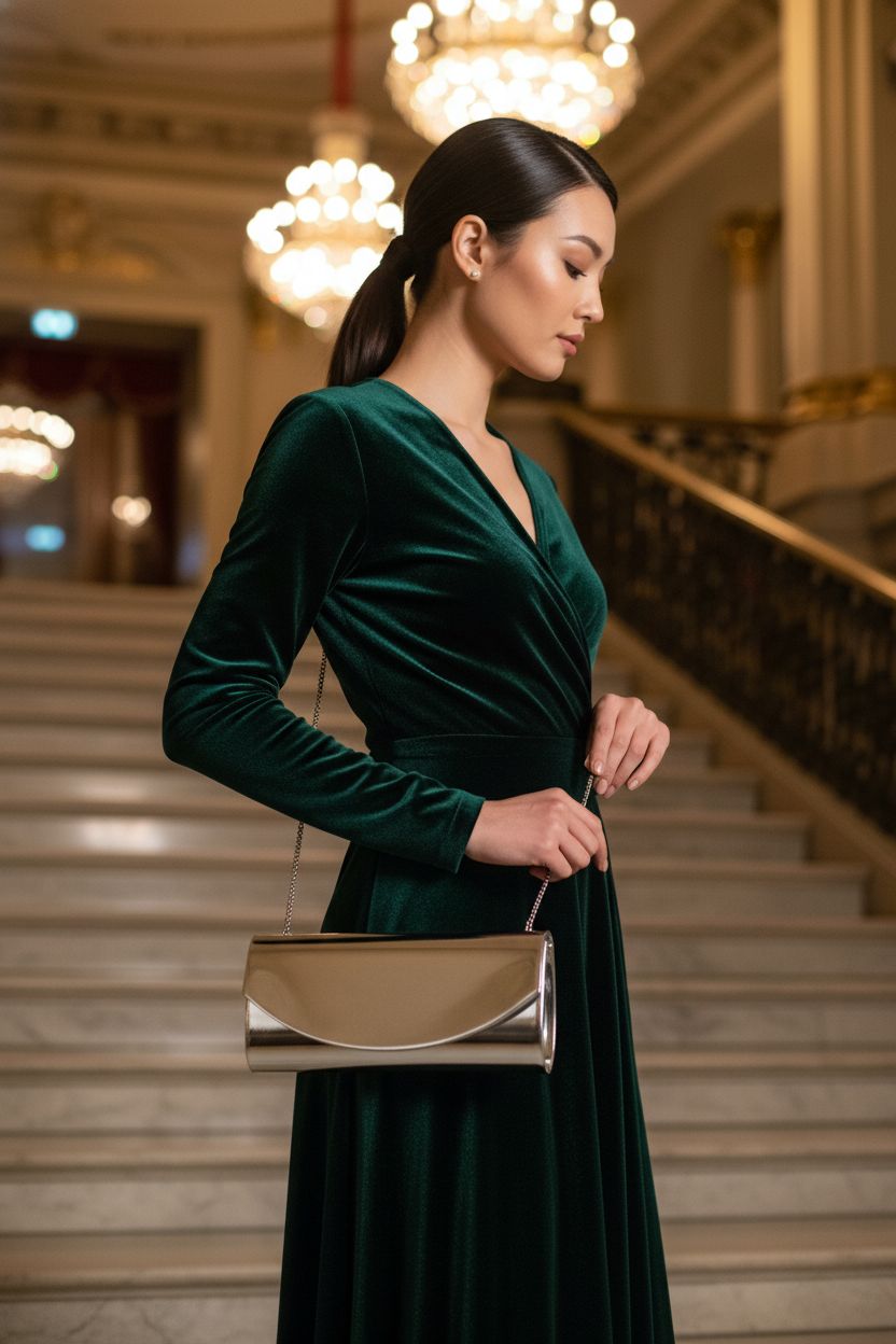 Larcenciel silver clutch purse highlighted in a theater foyer, perfect for formal occasions.
