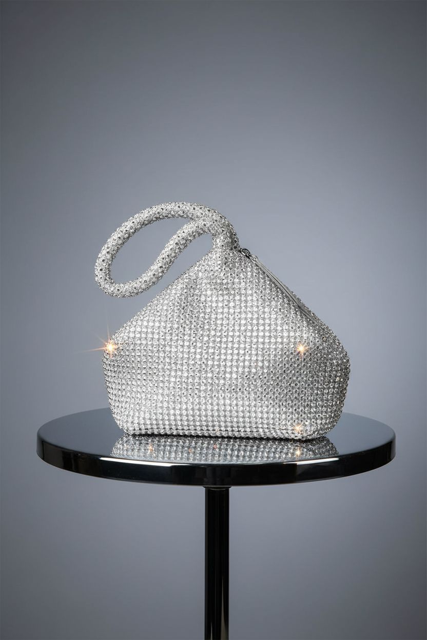 BABEYOND silver rhinestone evening bag displayed on a mirrored surface, highlighting its beauty.