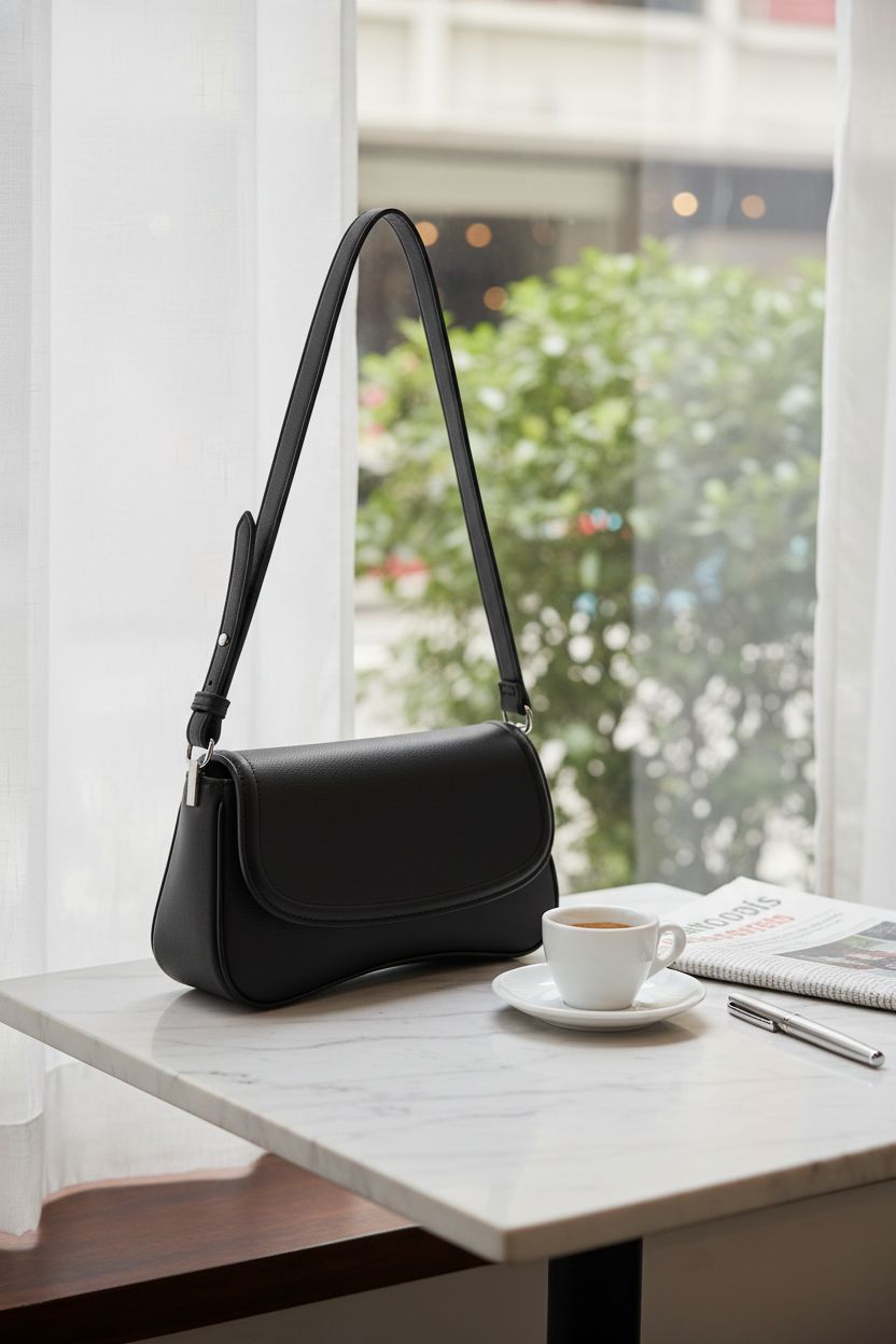EVVE bag resting on marble table beside espresso, highlighting silver hardware and vegan leather texture.