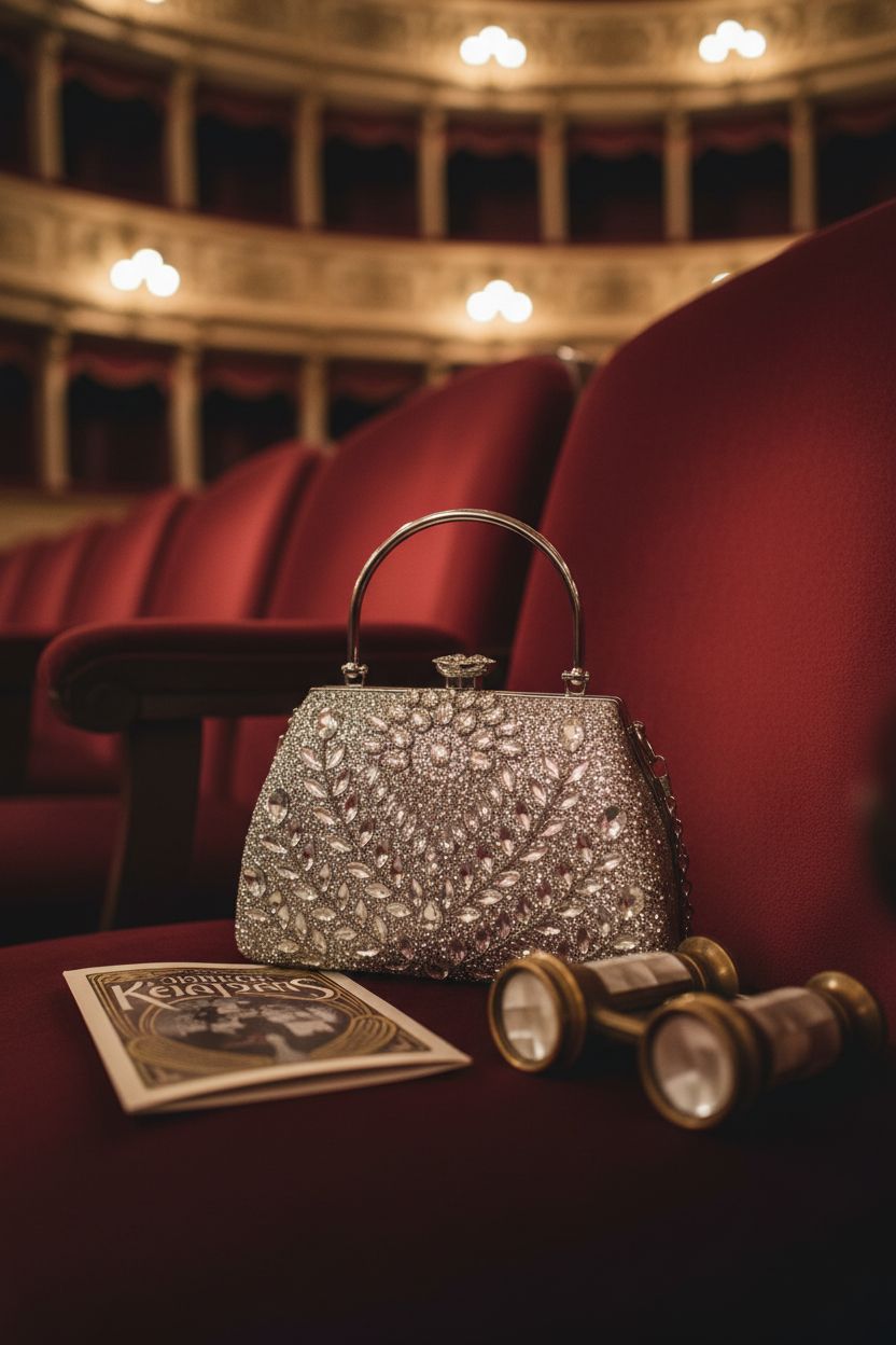 Elegant RNIEGA silver clutch on a plush velvet seat at the opera, adding glamour to the experience.