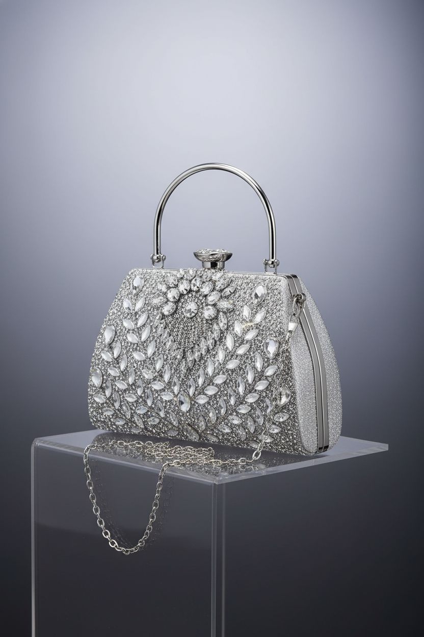 RNIEGA silver rhinestone clutch purse displayed on a minimalist backdrop, showcasing its exquisite details.