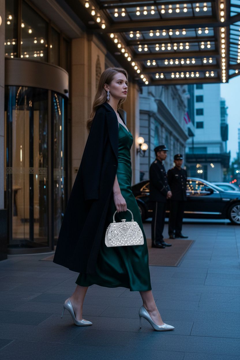 RNIEGA sparkly rhinestone clutch purse in elegant evening setting, showcasing its glamorous design.