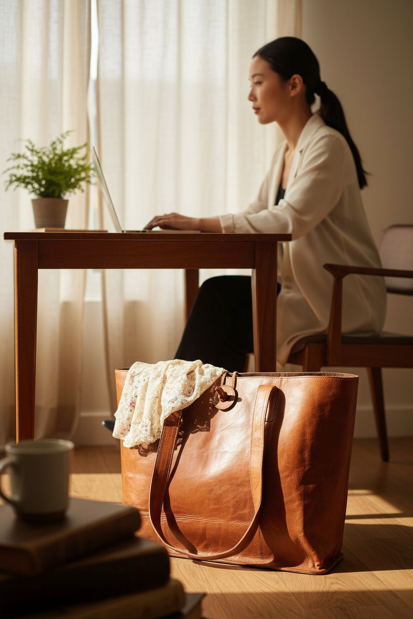 Vintage Genuine Leather Tote Bag by a sunlit window, showcasing its elegant shape and depth.