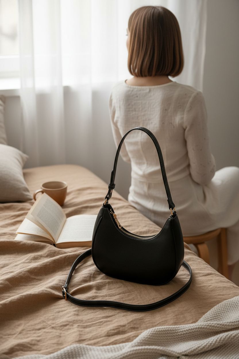 WSRYDJDL black crescent bag resting on a bed, adding a touch of elegance to a serene home setting.