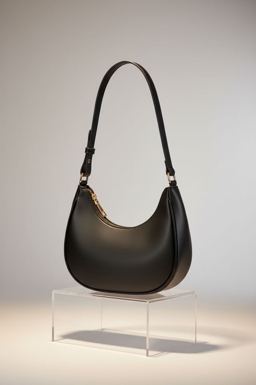 Product shot of WSRYDJDL black crescent bag on a seamless background, highlighting its sleek design and zipper closure.