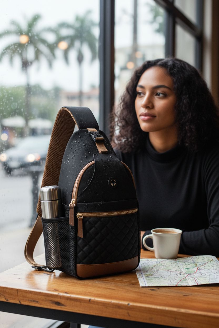 Vankor sling bag resting on a cafe table, showcasing its stylish design and water repellency