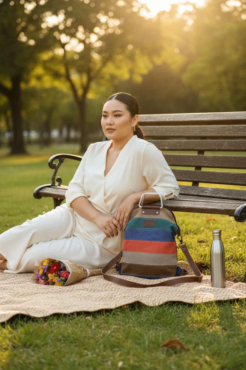 NPJGKY striped canvas bag resting on a picnic blanket in a sunlit park setting
