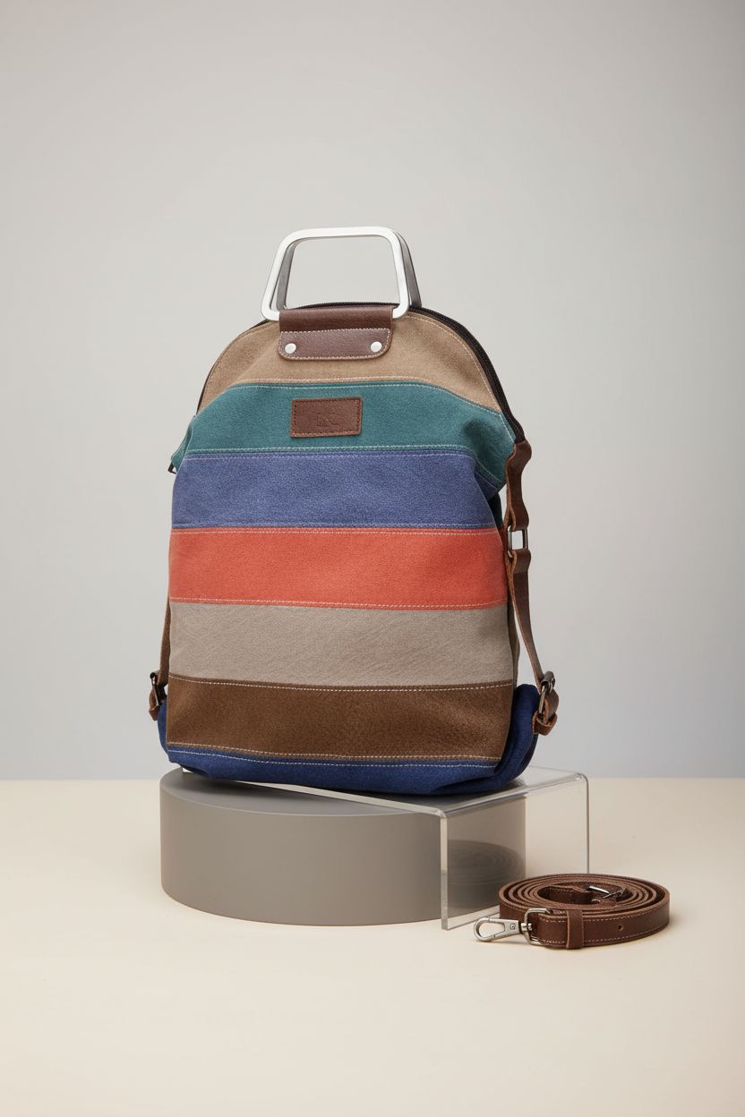 NPJGKY multifunction canvas bag displayed on a pedestal to highlight craftsmanship