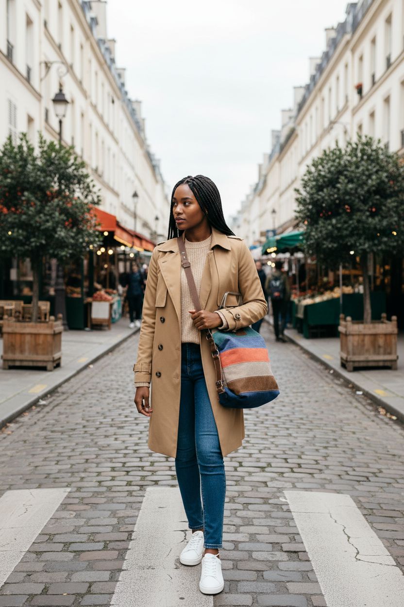 NPJGKY striped canvas sling bag worn stylishly at the hip in a leafy neighborhood