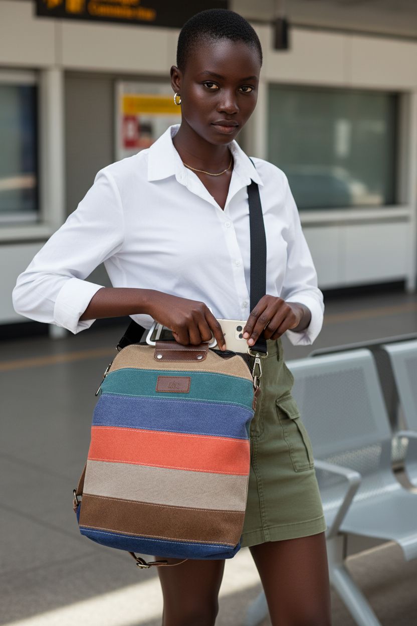 NPJGKY canvas multifunction bag shown with wide strap on a transit platform bench