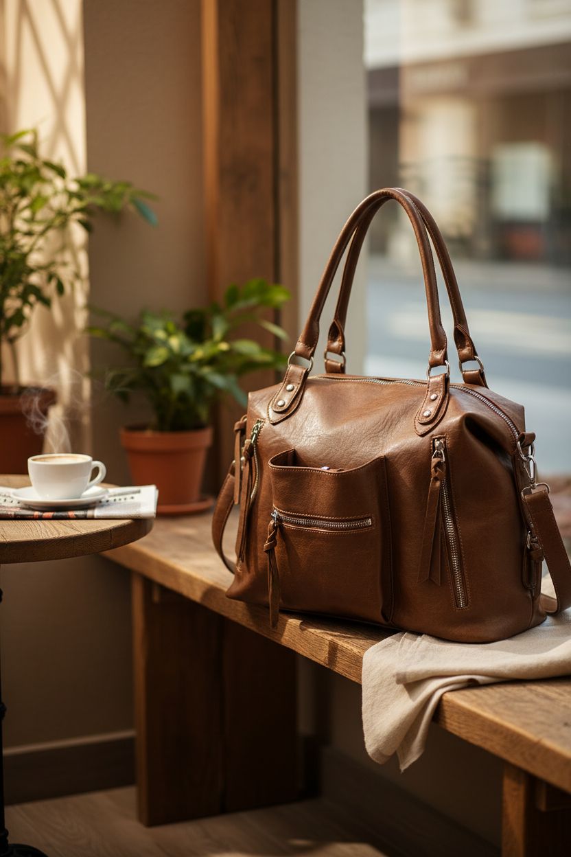 Amszke slouchy tote bag resting on an oak bench in a cozy café.