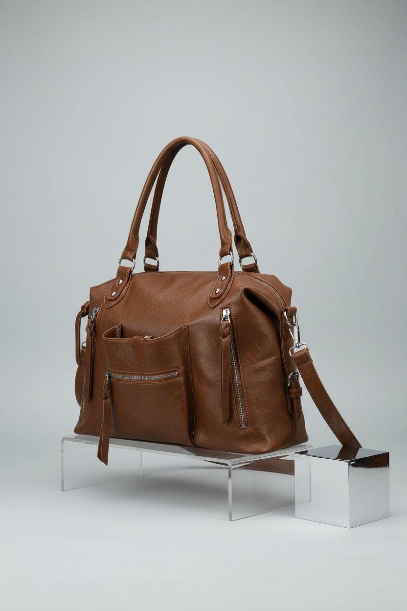 Amszke large brown slouchy tote bag showcased on a light gray backdrop.