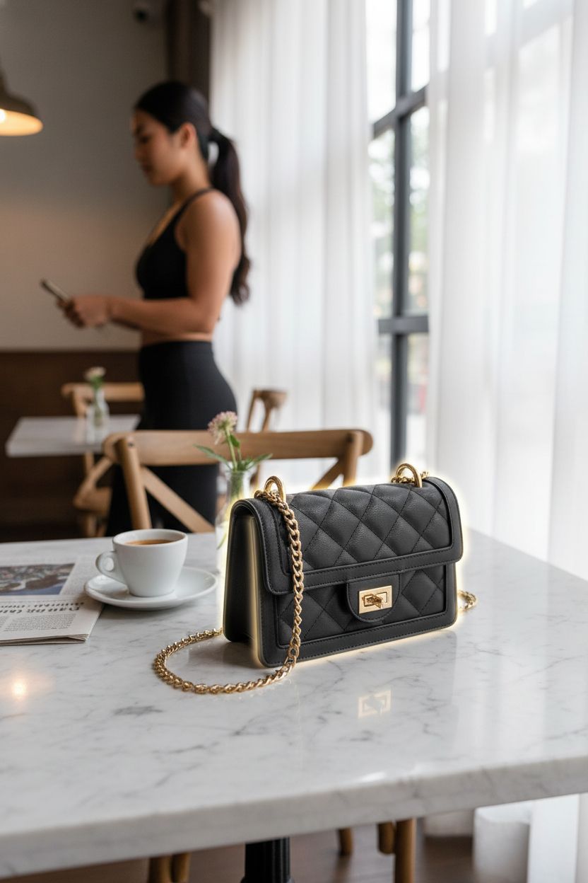 Elegant SG SUGU small black quilted bag on a marble table, showcasing its sleek design