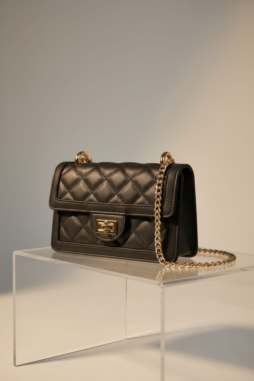 SG SUGU small black quilted crossbody bag displayed elegantly against a light-gray backdrop