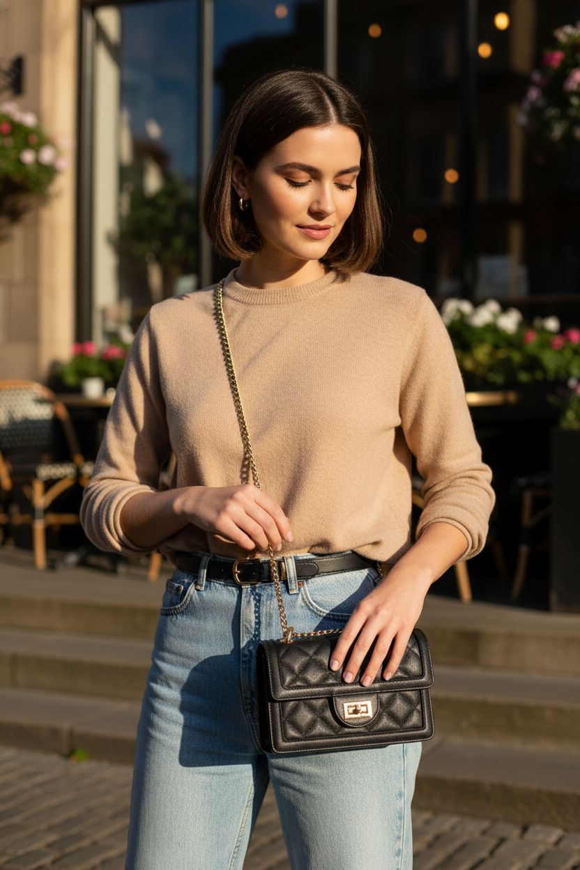 SG SUGU small black quilted crossbody bag with gold chain, perfect for everyday use