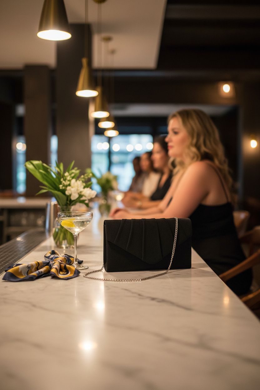 BBjinronjy black suede clutch beside coupe glass in cozy boutique hotel bar setting