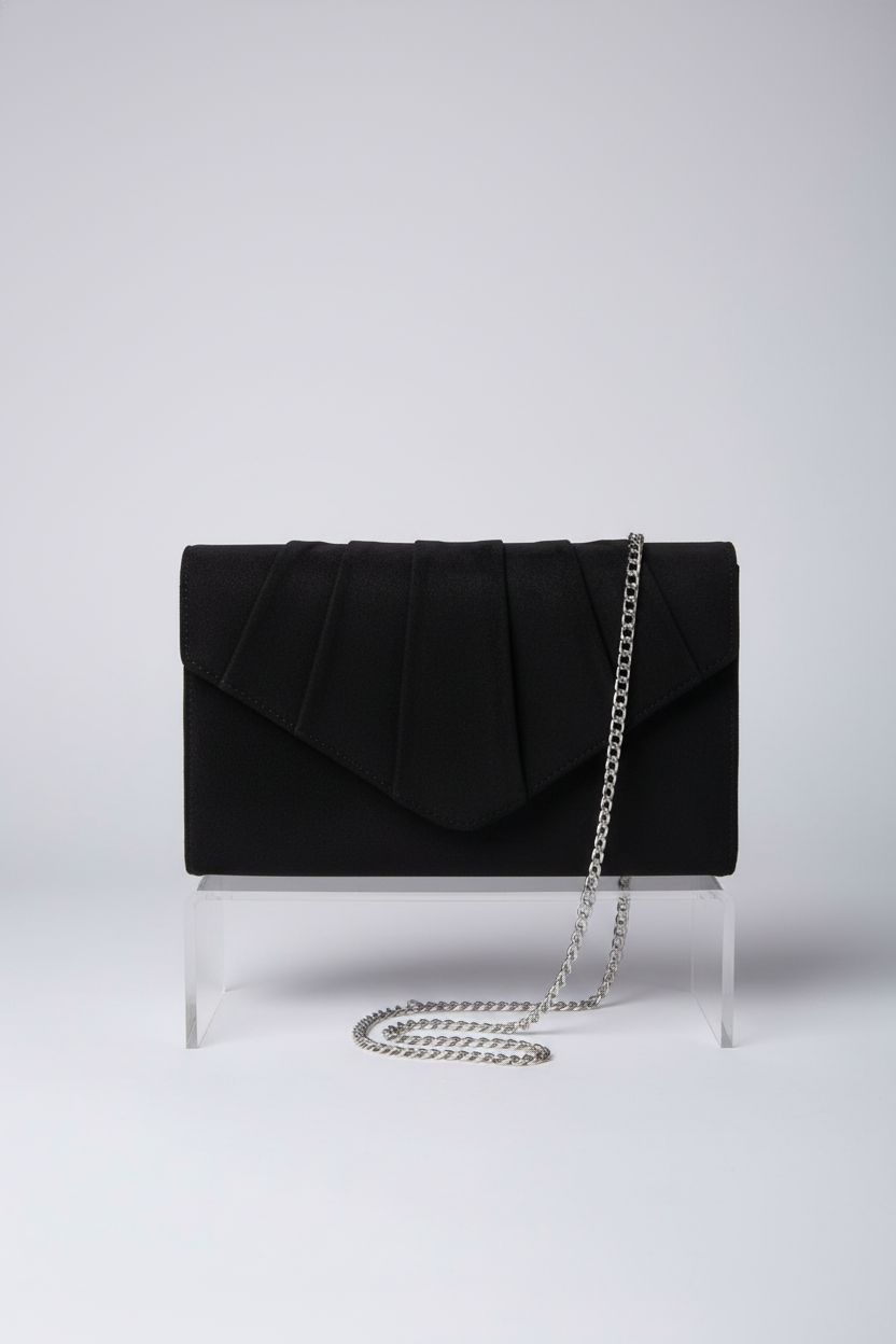 BBjinronjy black suede clutch bag featuring pleated design and magnetic flap in studio setting