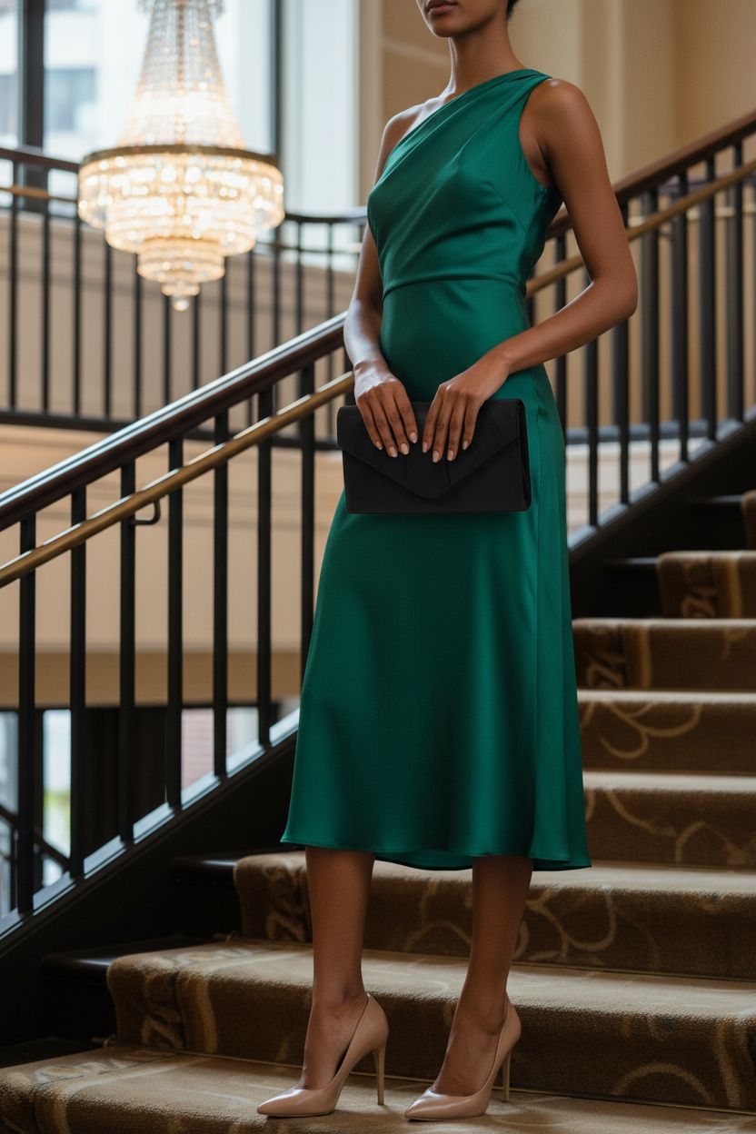 BBjinronjy black suede clutch held in hand, showcasing elegant pleated design at hotel lobby