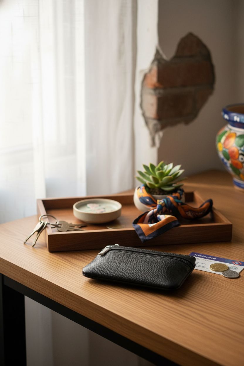 Hibate black small coin purse in a sunlit entryway, showcasing its stylish design and key ring.