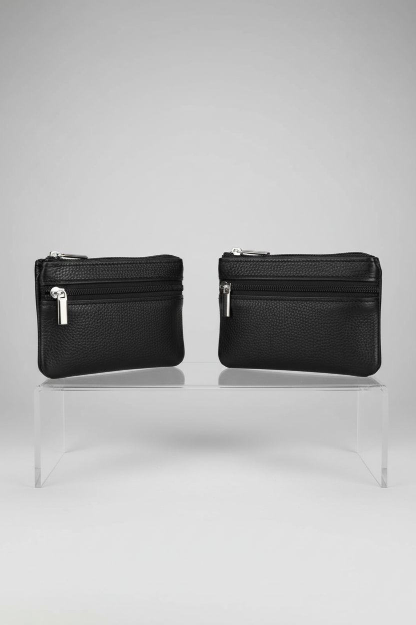 Hibate black leather coin purse with dual zippers, showcasing premium materials and craftsmanship.