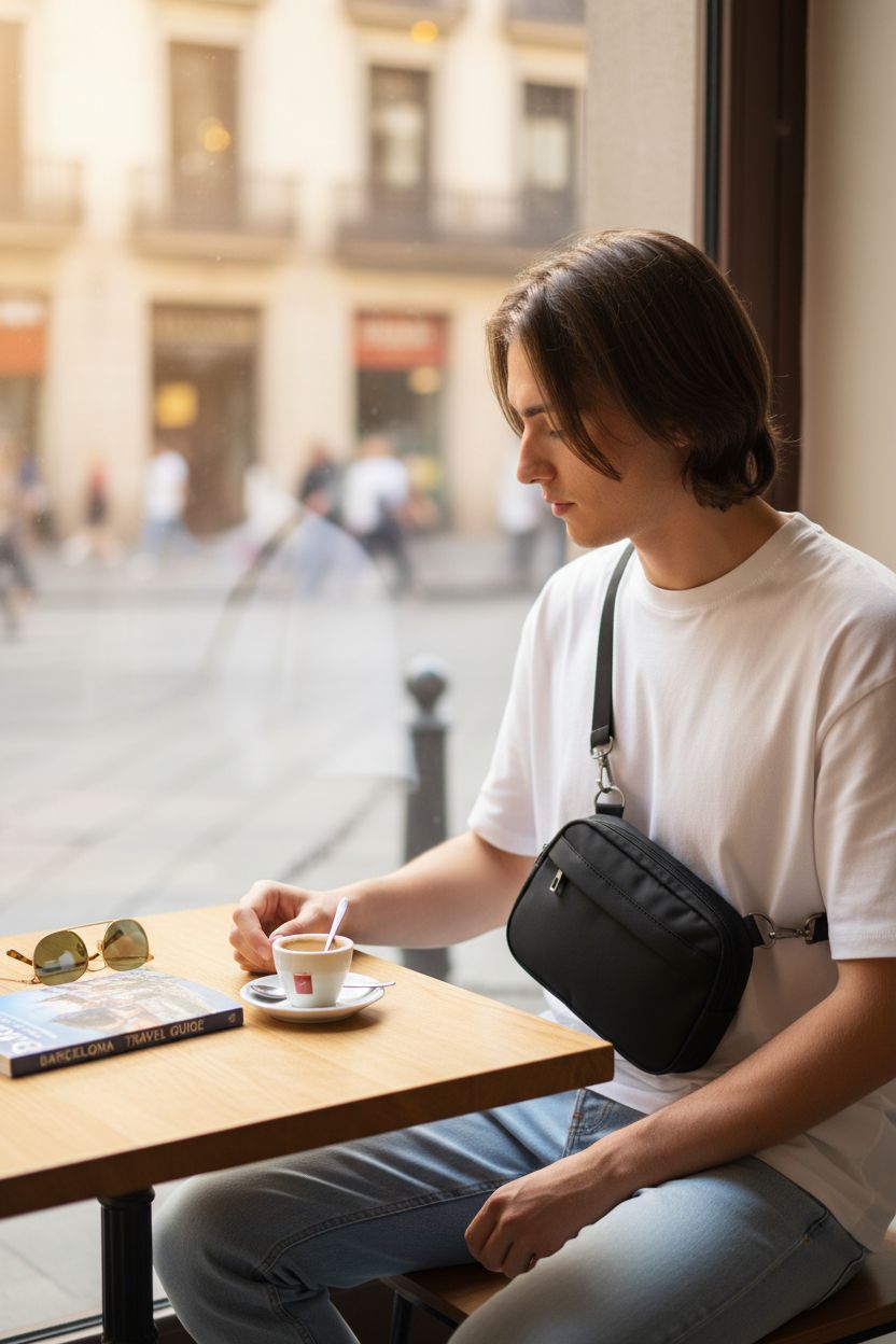 MAXTOP sling bag resting beside travel essentials at a cozy café, ideal for day trips.