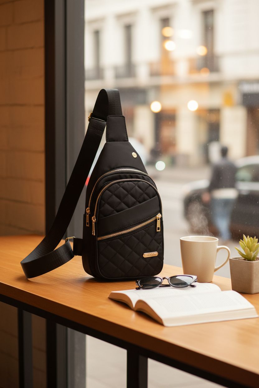 AOSTIHOT small sling bag resting on a wooden table next to coffee and a book, highlighting its stylish design.