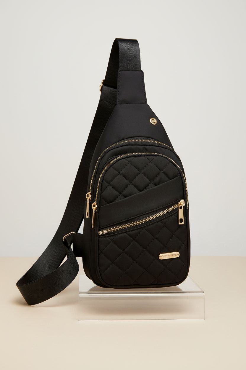 AOSTIHOT small sling backpack displayed on a riser, focusing on its quilted texture and sleek design.