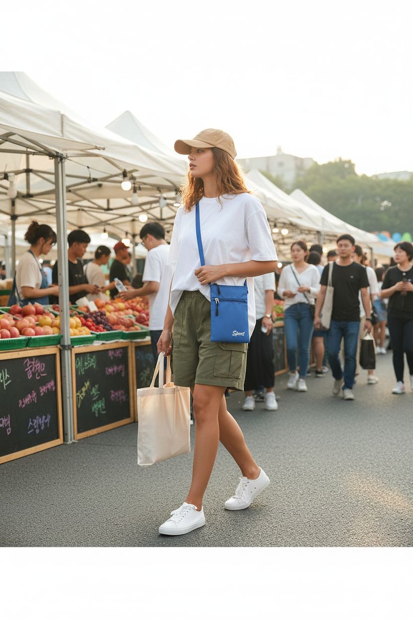 DraCra blue crossbody pouch bag at a farmers market, stylish and compact, perfect for essentials.