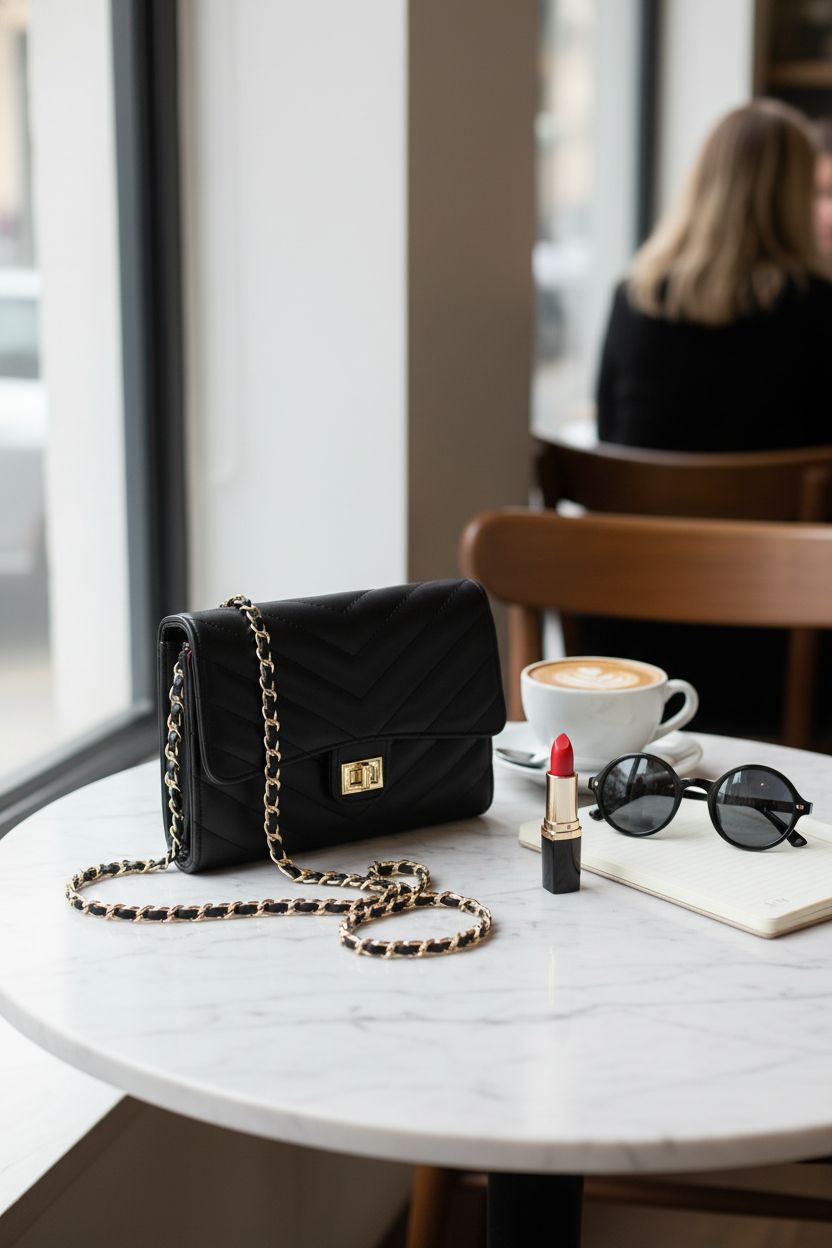 YAZEKOUS black quilted bag on a marble table, showcasing its stylish design for coffee shop visits.
