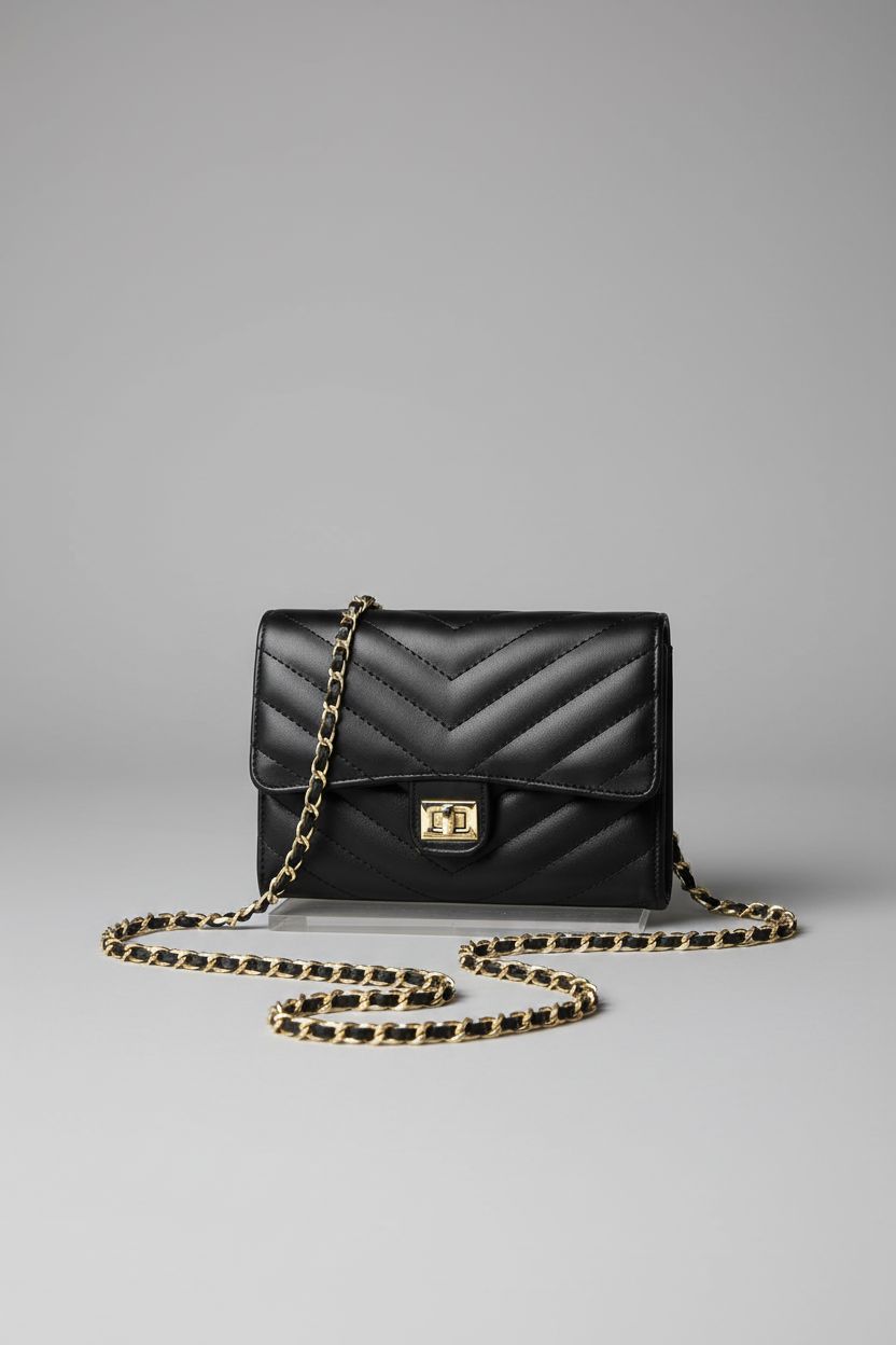 Elegant YAZEKOUS small crossbody purse highlighting its chevron stitching and gold hardware in studio light.