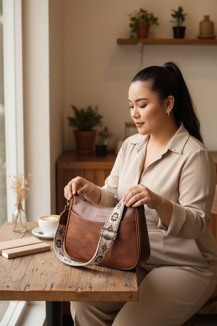 APHISON vegan leather crossbody purse on a café table, paired with coffee and a notebook, perfect for cozy mornings.