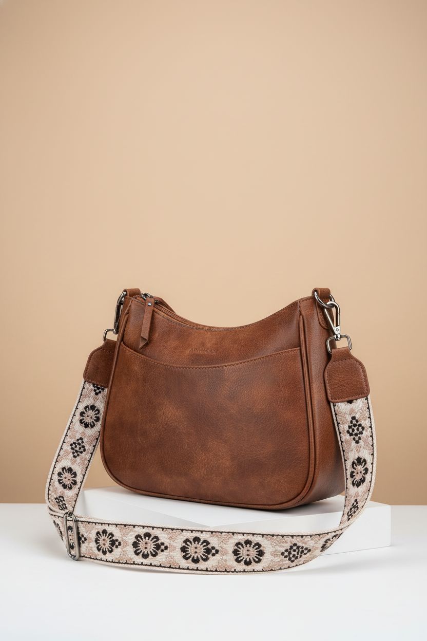 Close-up of APHISON leather crossbody purse, highlighting vegan leather texture and elegant design features.