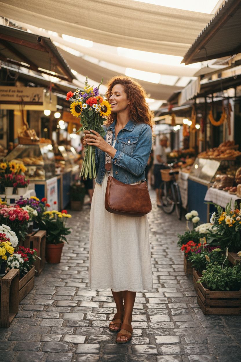 Trendy APHISON brown leather crossbody purse at a farmer's market, showcasing stylish design and adjustable strap.