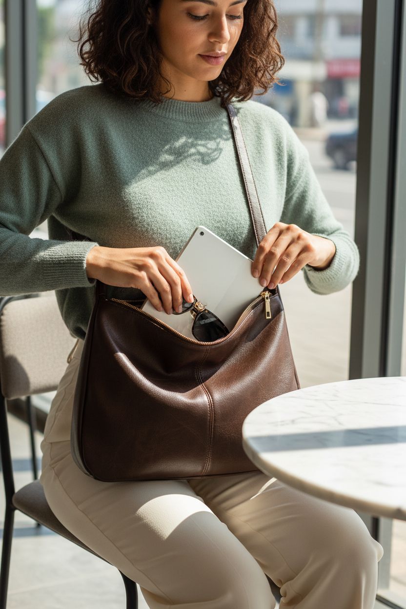 NIUEIMEE ZHOU crossbody handbag in a café, highlighting organized interior and rich vegan leather.