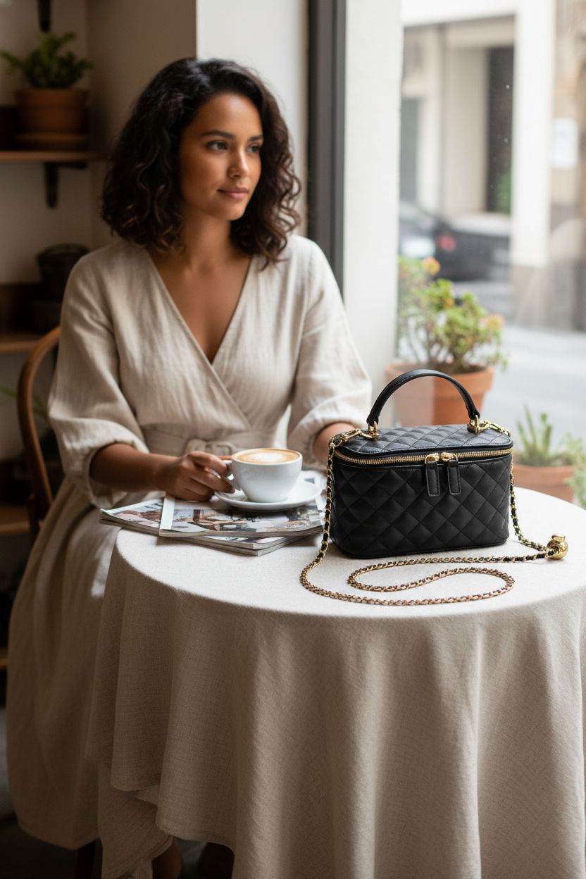 GAYI URBAN Mini Quilted Box Crossbody Bag resting on a marble table near coffee, exuding luxury.
