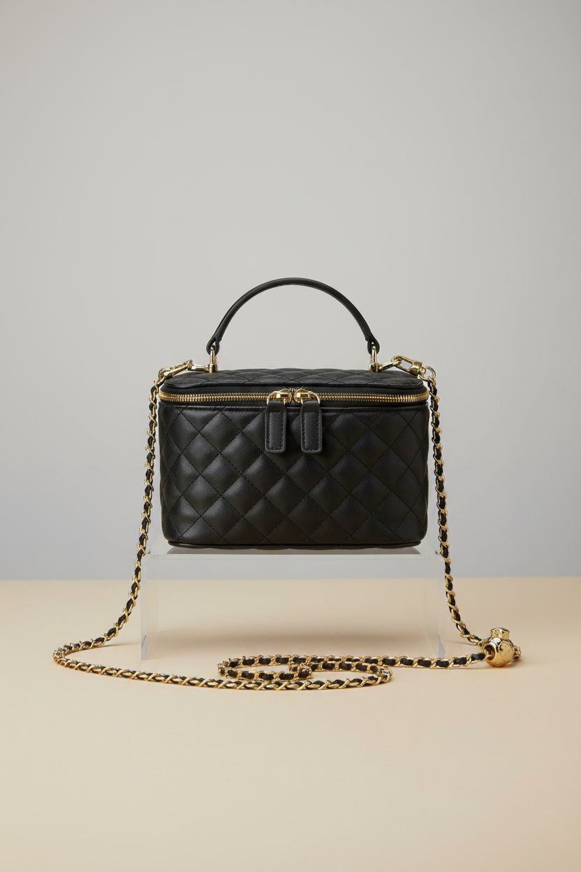 GAYI URBAN Mini Quilted Crossbody Bag displayed on clear acrylic, highlighting its premium craftsmanship.