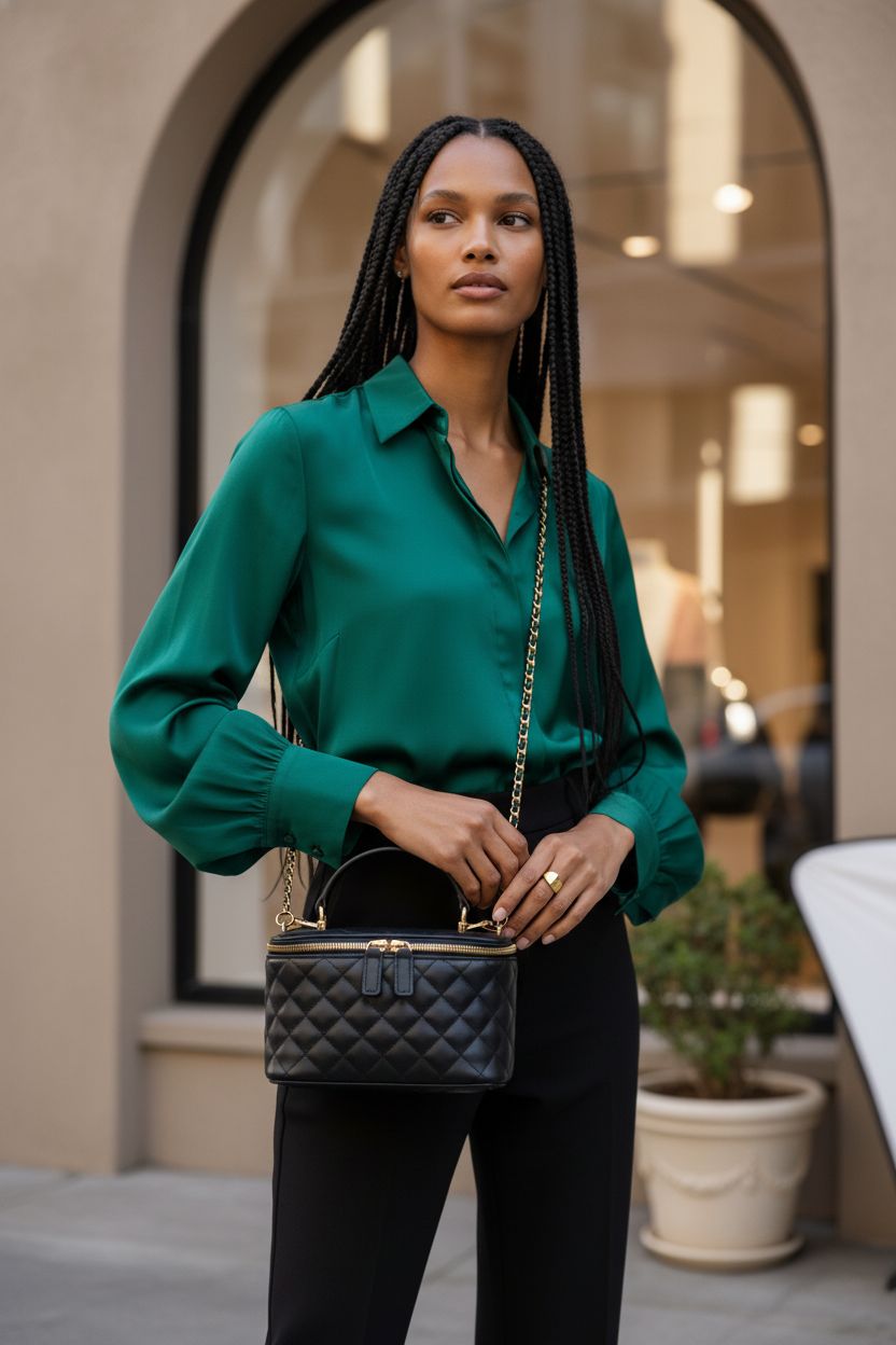 GAYI URBAN Mini Quilted Box Crossbody Bag in black showcased outdoors, stylish and modern.