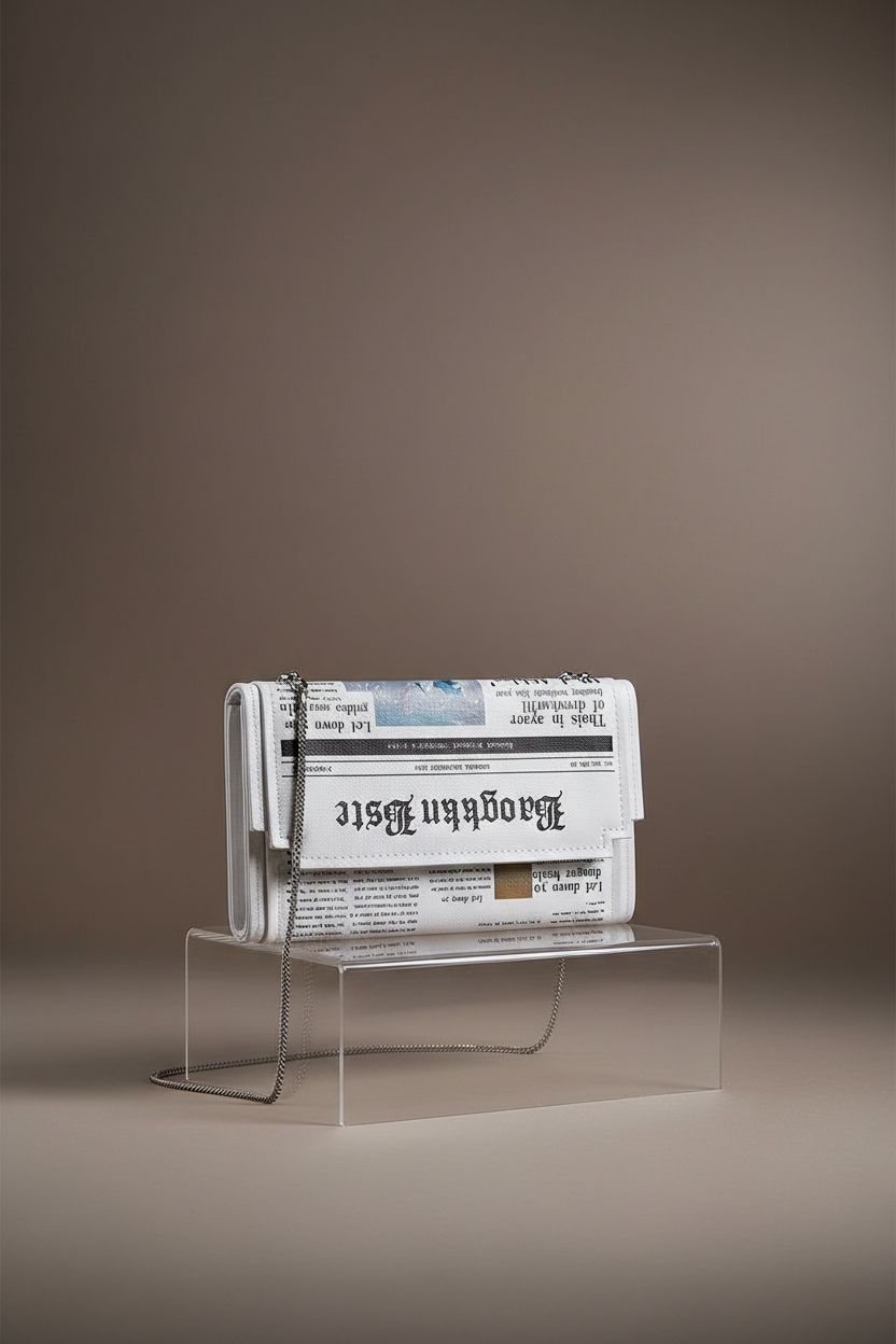 KUANG! Novelty Newspaper Evening Handbag displayed on a modern set with clear background.